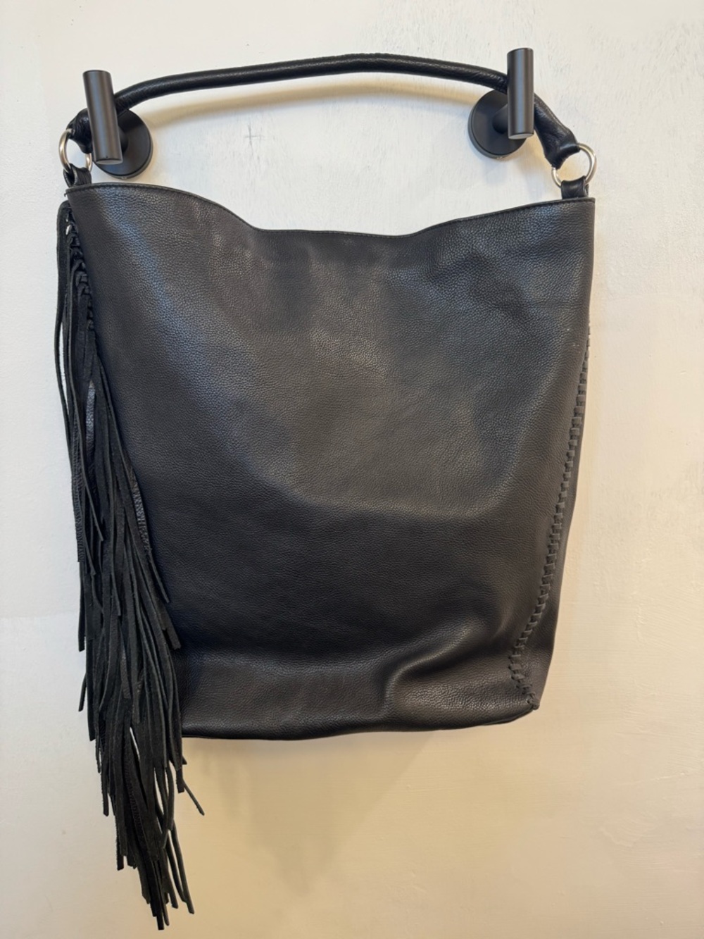 Vintage Nine West Black Leather Fringe Hobo